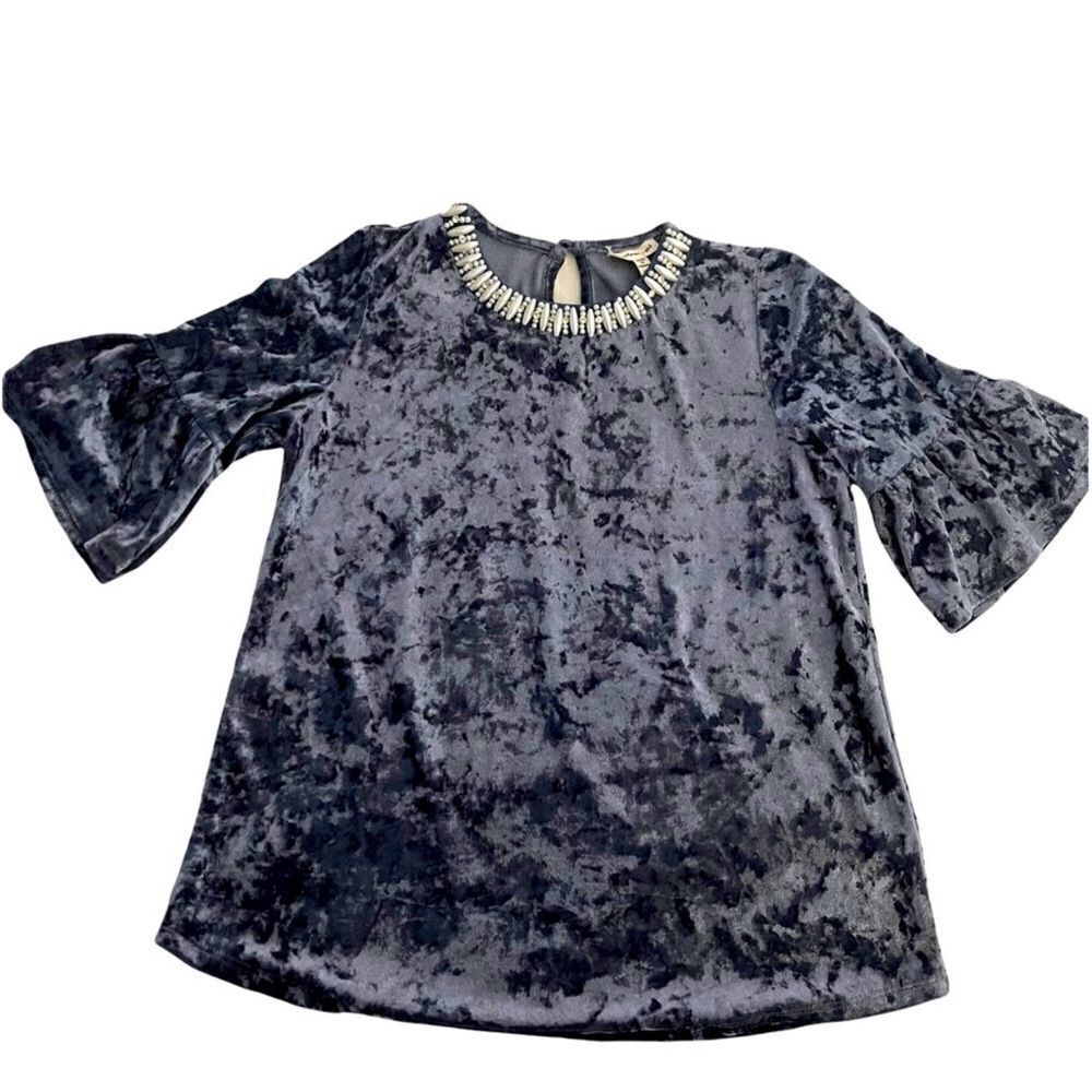 Monteau Velvet Velour Embellished Beaded slate Blue Bell Sleeve Top blouse-6X